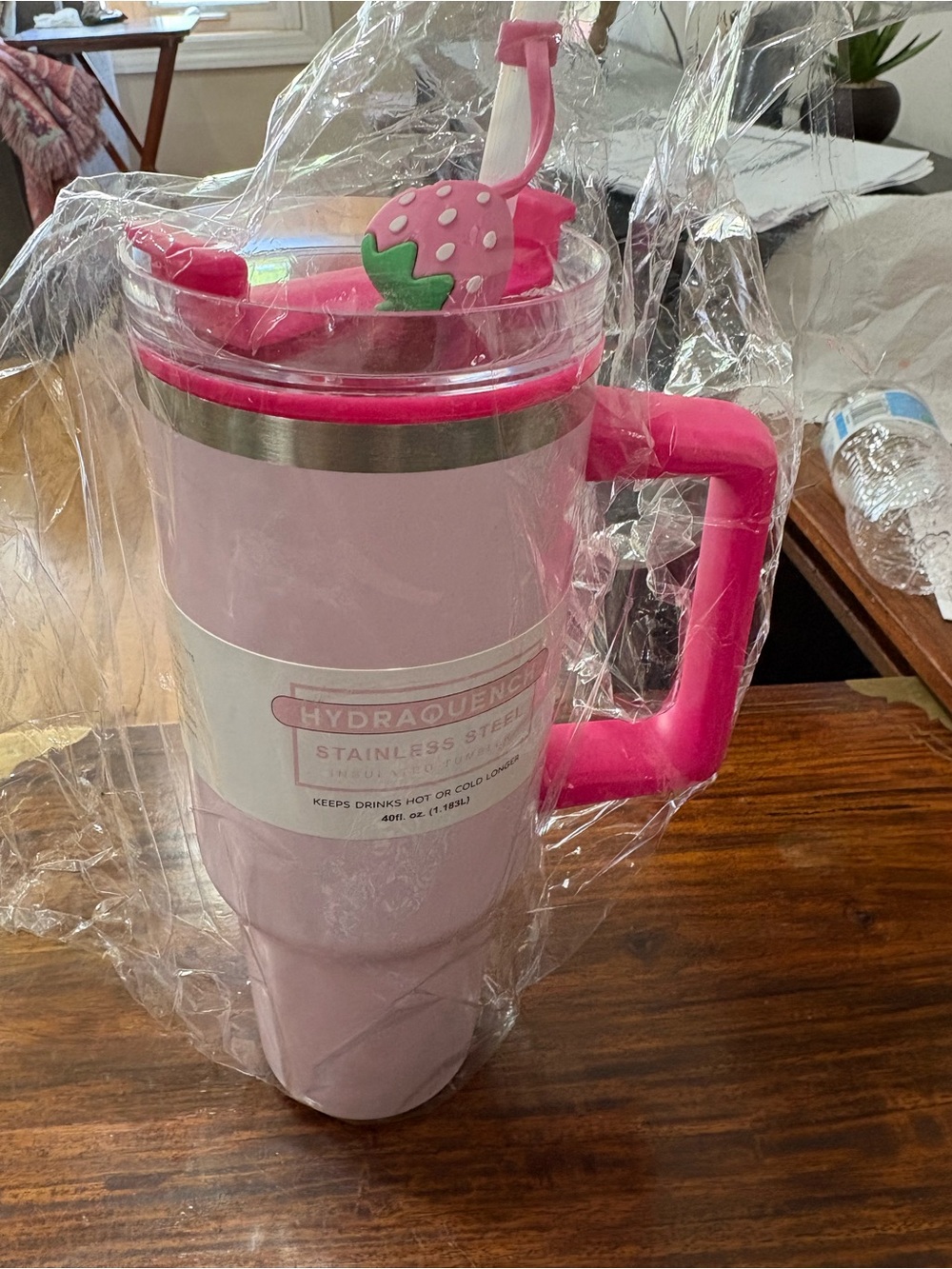 Pink Stainless Steel Insulated Travel Mug with Straw Handle